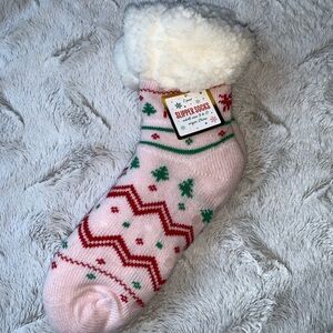 Festive Pink Slipper Socks with Fluffy Cuff